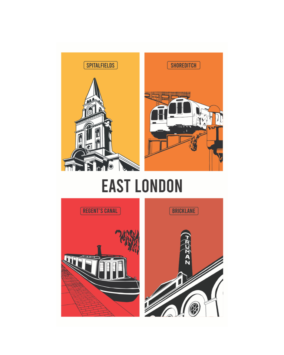 Modern graphic tea towel featuring Spitalfields Church, Truman Brewery, Regent’s Canal narrowboat and Shoreditch, 100% cotton.