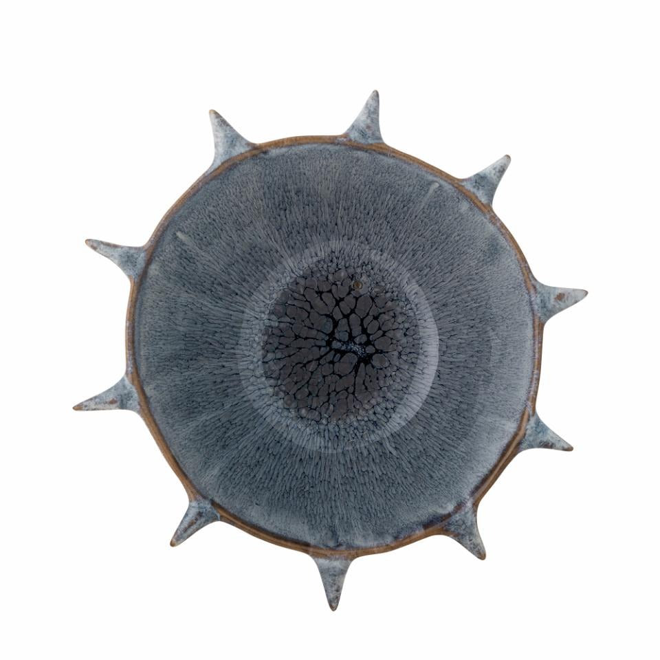 Top View of the Edie Bowl – handmade stoneware with blue and gray reactive glaze and wavy edge design