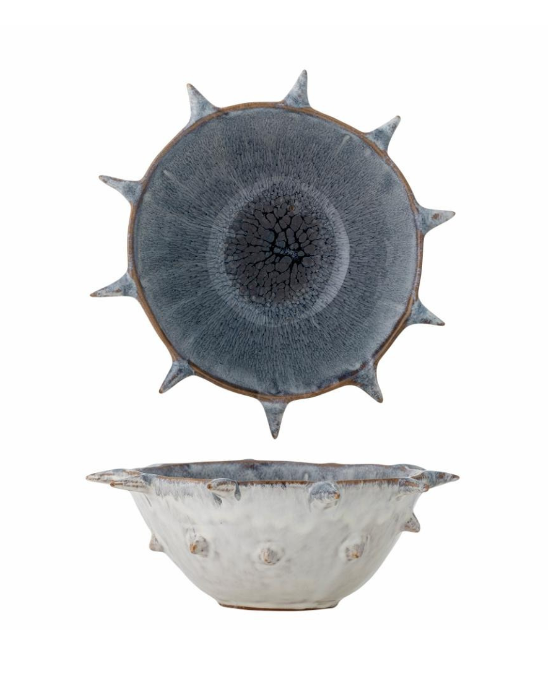 Front &amp; Side View of the Edie Bowl – handmade stoneware with blue and gray reactive glaze and wavy edge design