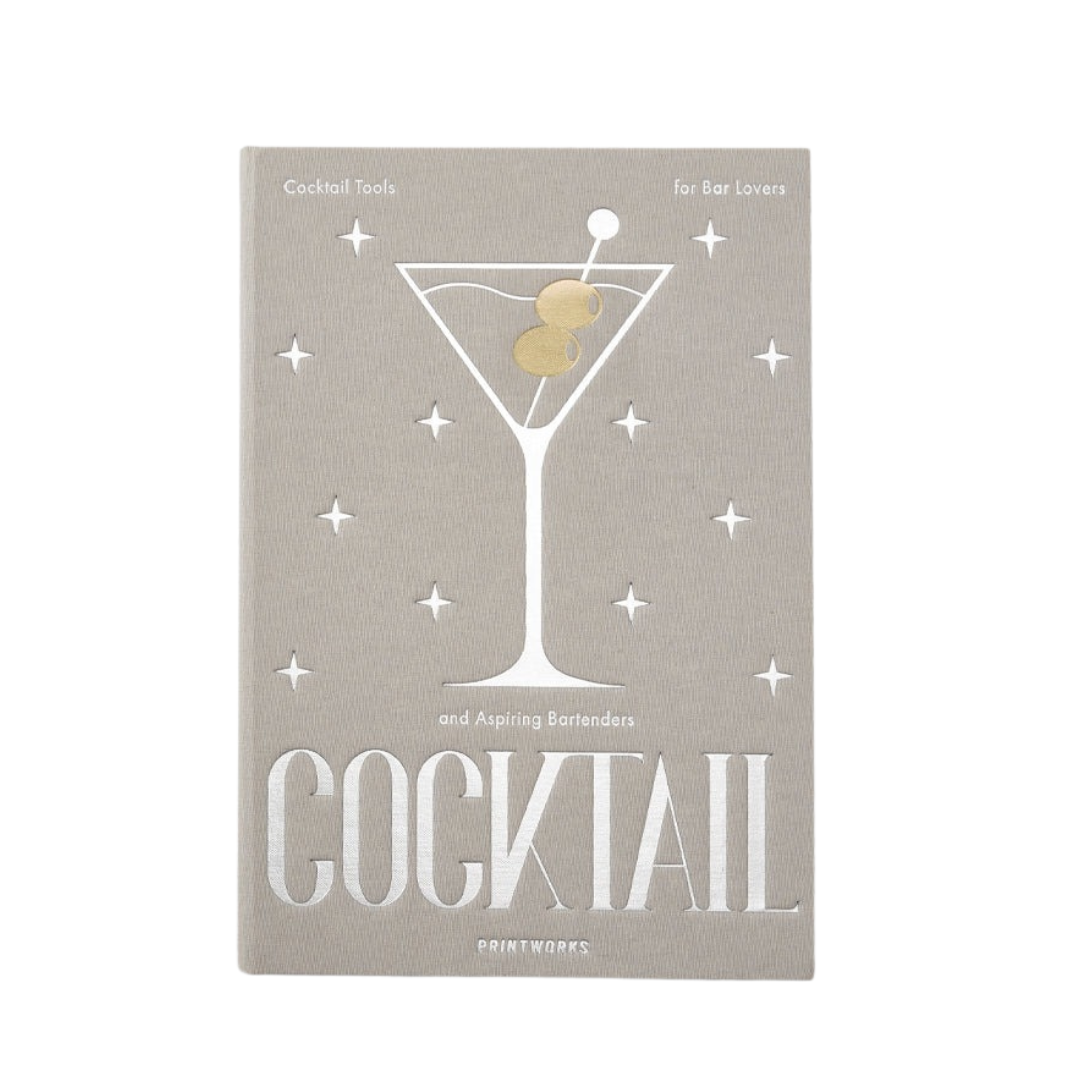 Elegant cocktail toolbox set in a grey book-style box including ice tongs, Hawthorne strainer, jigger, and classic cocktail recipe guide