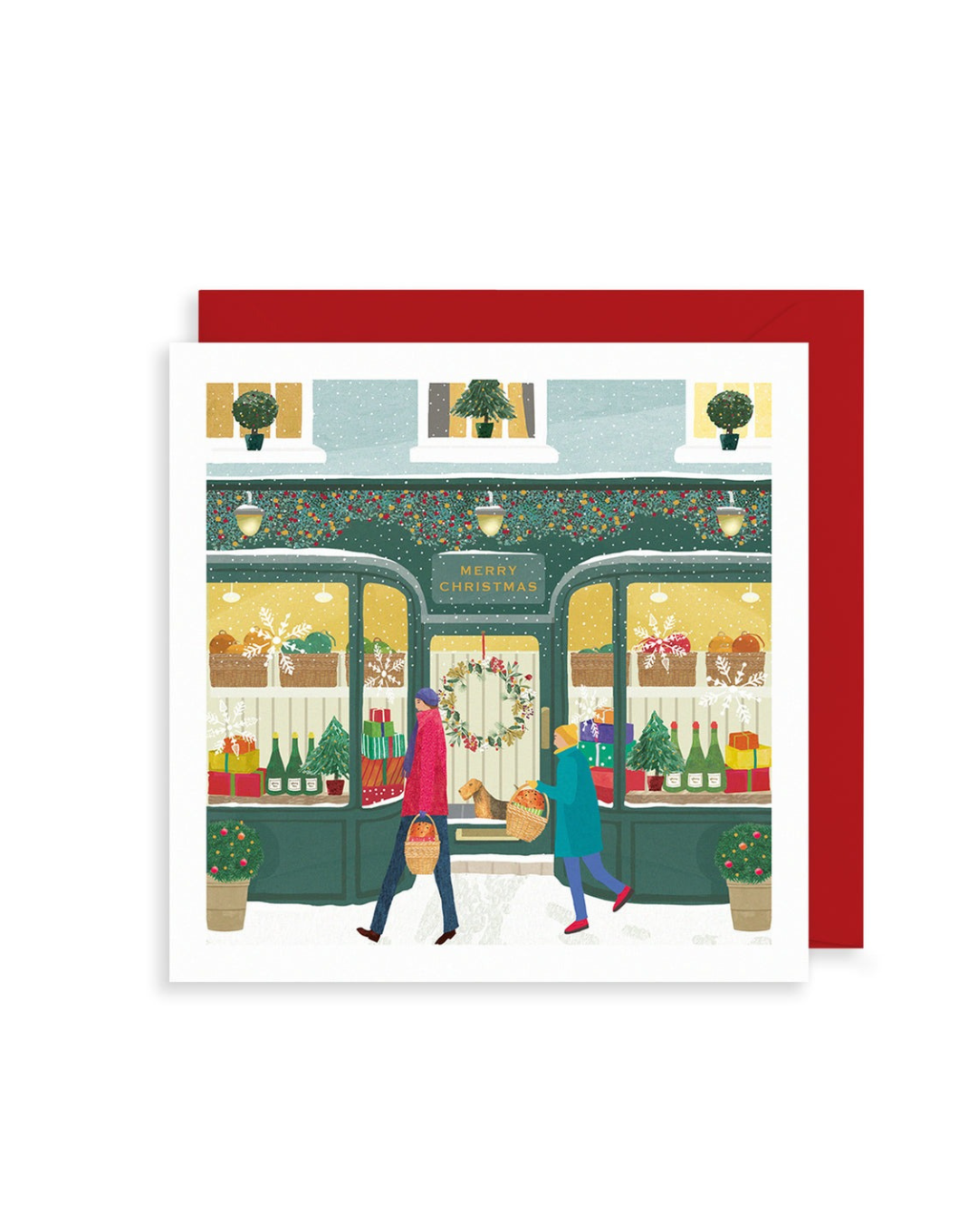 Winter Festive Deli Christmas Card featuring a festive snowy gift shop illustration with gold foil accents and red envelope