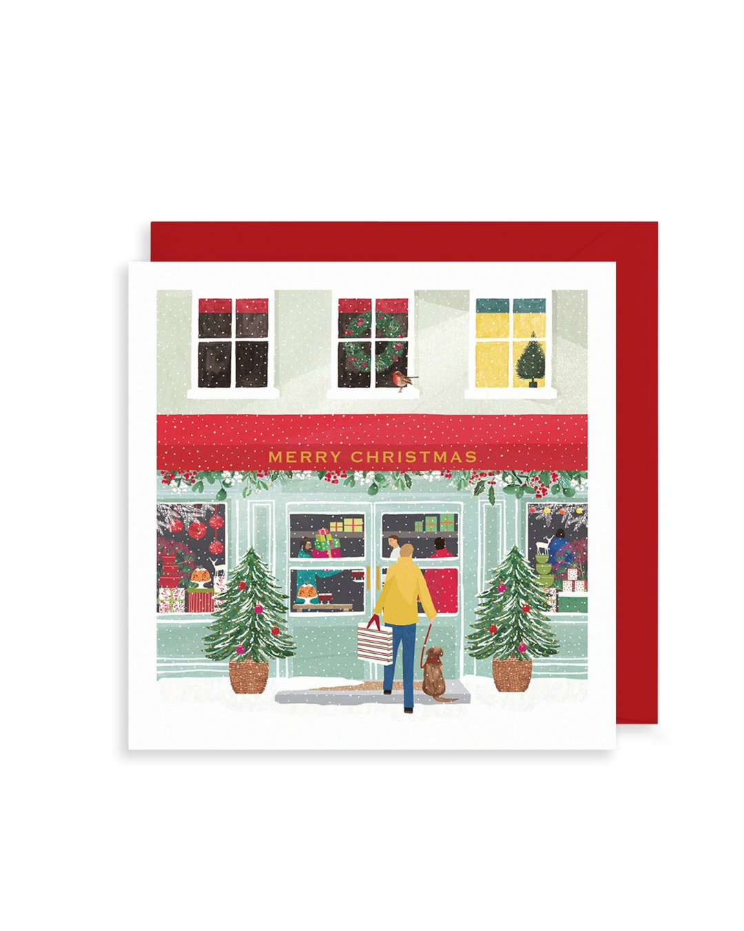 Winter High Street Christmas Card featuring a festive snowy gift shop illustration with gold foil accents and red envelope
