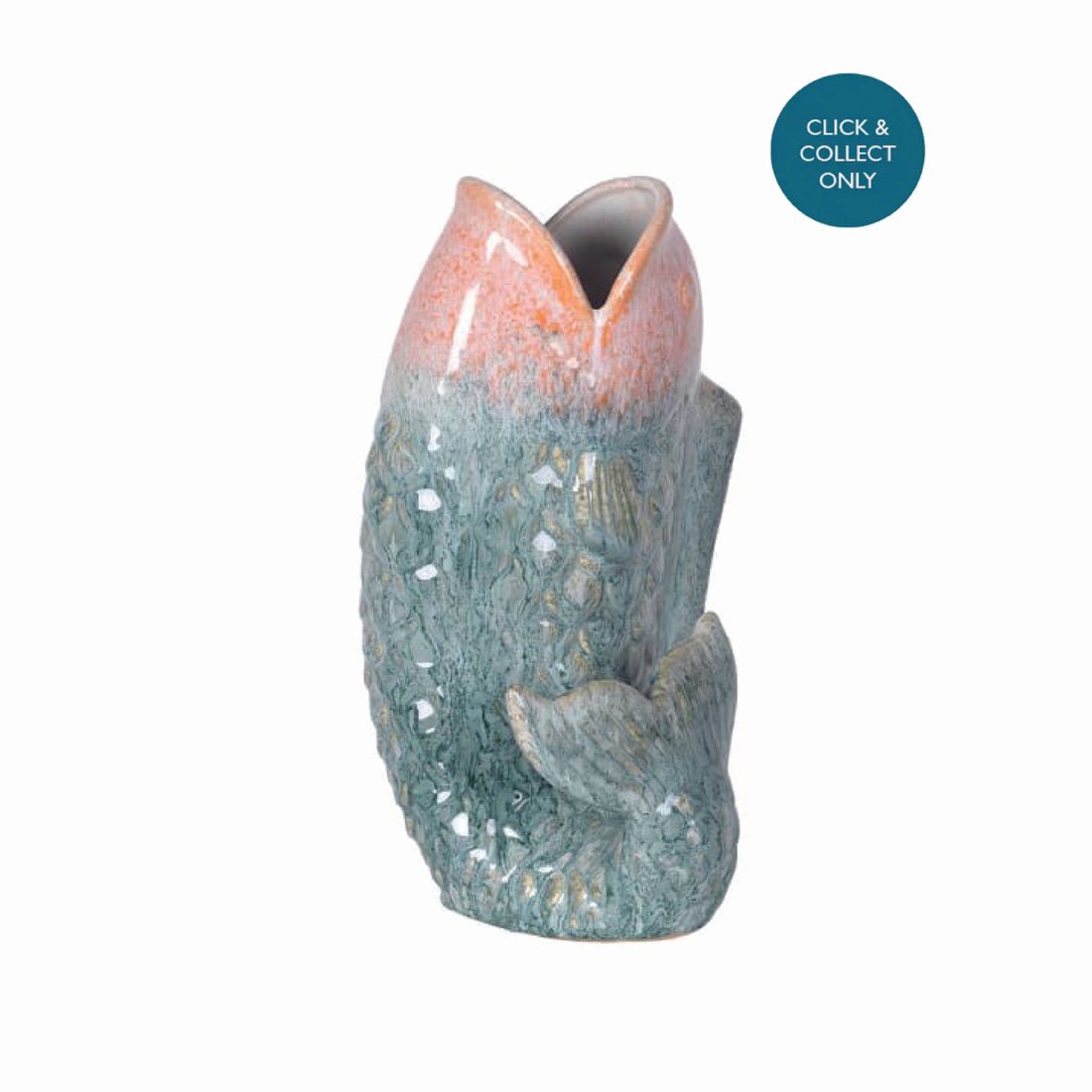 Side view of the soft Pink and blue fish-shaped stoneware vase for flowers and home décor