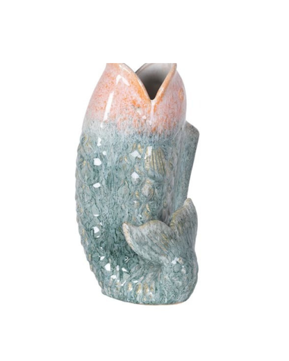 PSide View of  the Soft Pink and blue fish-shaped stoneware vase for flowers and home décor