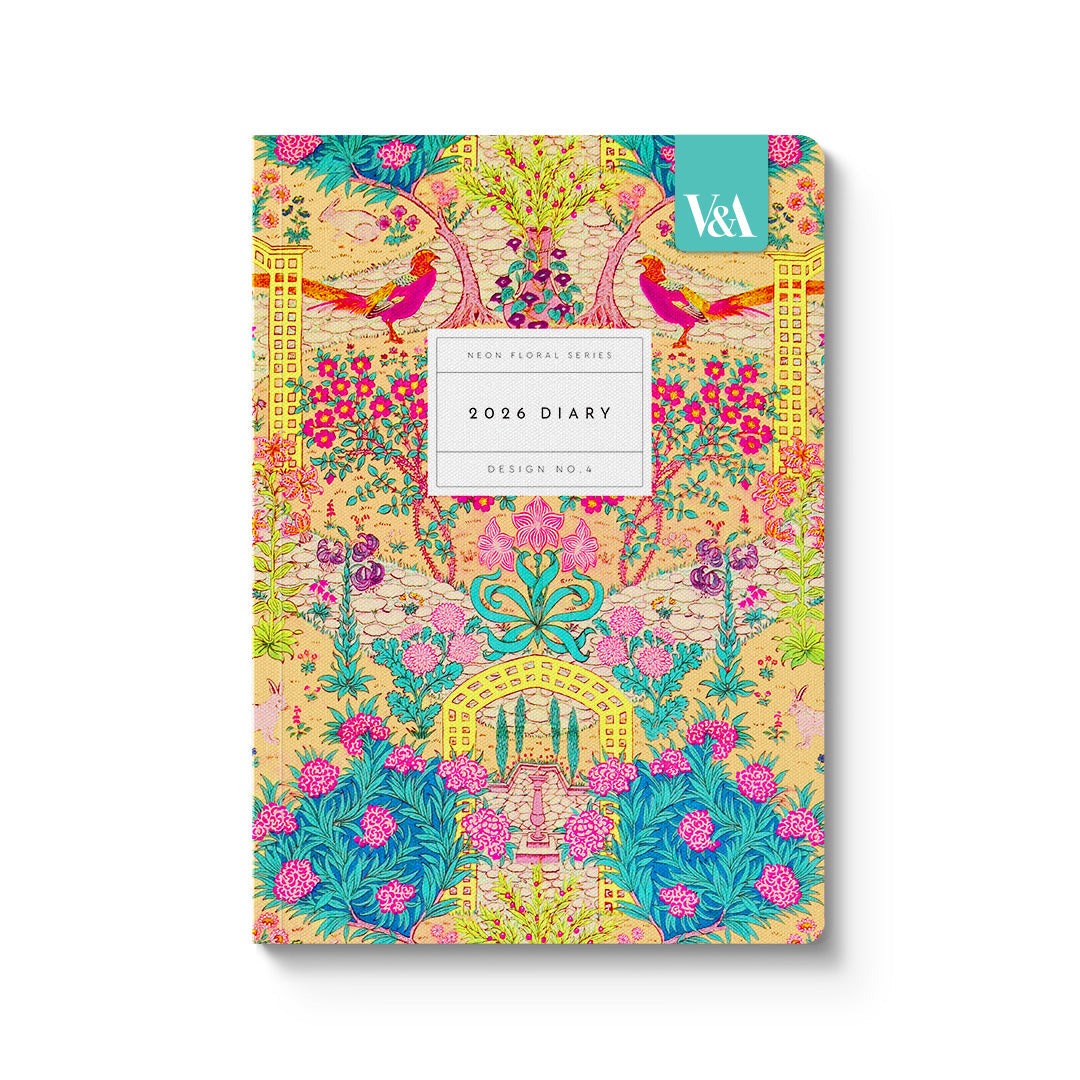 A5 2026 diary with neon floral ornate garden design inspired by V&A archives, featuring a colourful cover and sustainable craftsmanship.
