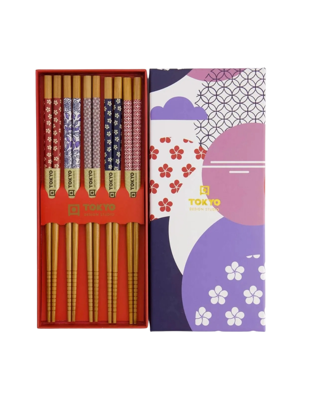 5-piece circle flower chopsticks gift set with gift box lid next to it