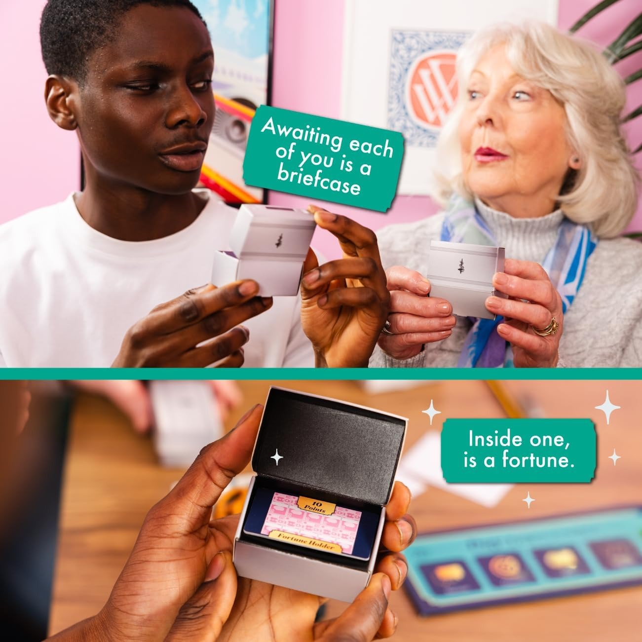 2 players of different ages enjoying the Fortune Hotel board game, competing in mini-challenges and swapping briefcases.