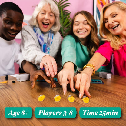 Four players of different ages enjoying the Fortune Hotel board game, competing in mini-challenges and swapping briefcases.
