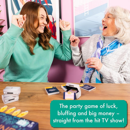 Two players of different ages winning the Fortune Hotel board game, competing in mini-challenges and swapping briefcases.