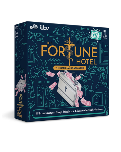 Fortune Hotel board game – bluffing and strategy game with briefcases, cards, and challenges for family and friends.