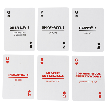 Six playing cards with French phrases and english translation on a white background