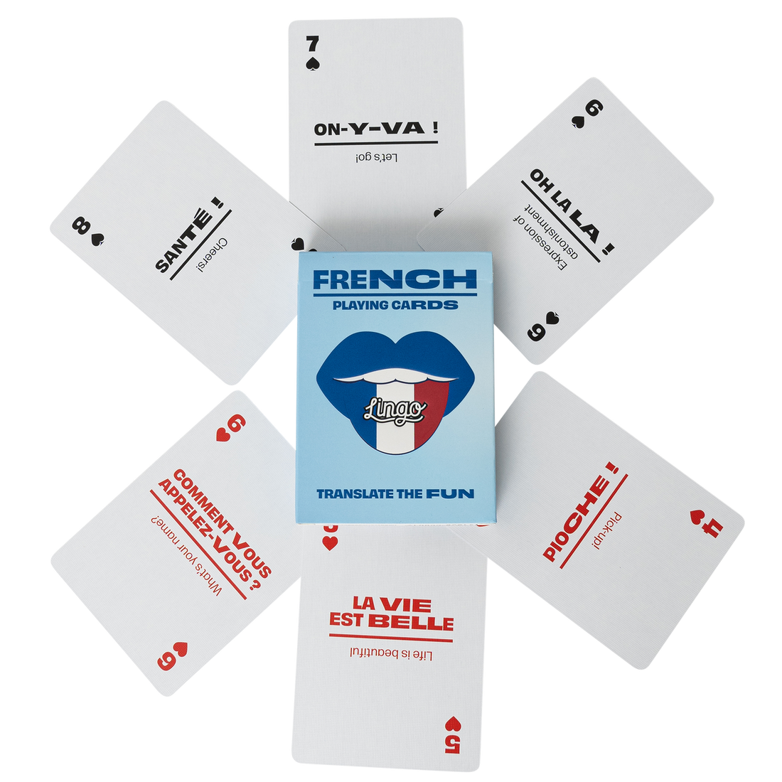 French playing cards with a blue box in the center on a white background