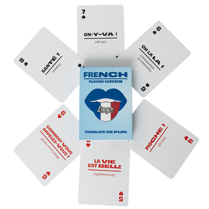 French playing cards with a blue box in the center on a white background
