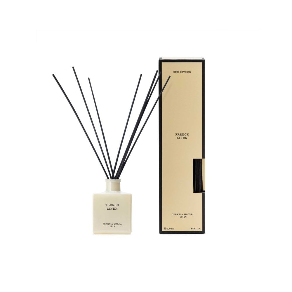 French Linen reed diffuser – fresh lilies, peonies, and freesias aroma in 100ml diffuser with natural reeds and FSC-certified recyclable packaging