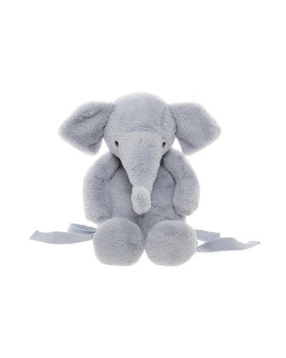 Front View of The Effie Elephant plush backpack in cloudy grey – soft huggable elephant bag for kids, adjustable straps and storage for toys or snacks