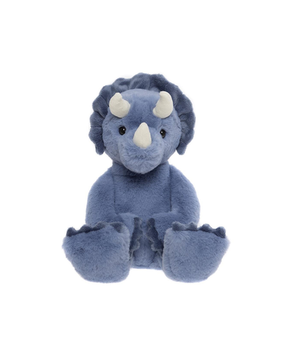 Front View of the Troy the Triceratops plush toy in denim blue – soft cuddly stuffed dinosaur for kids, comfort toy and nursery companion