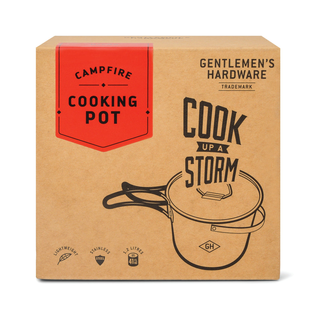 Packaging for a Camping Cooking Pot with product image and branding details.
