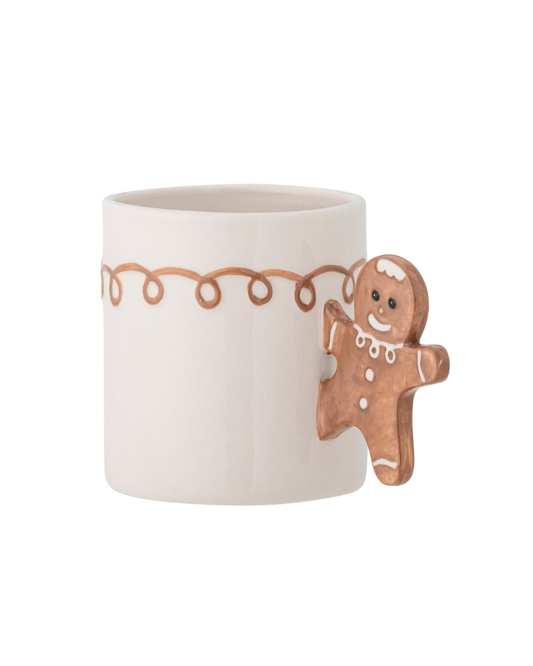 Hand-painted Ginnie Mug in brown stoneware with a festive gingerbread-shaped handle, perfect for hot chocolate, coffee, or tea during Christmas.
