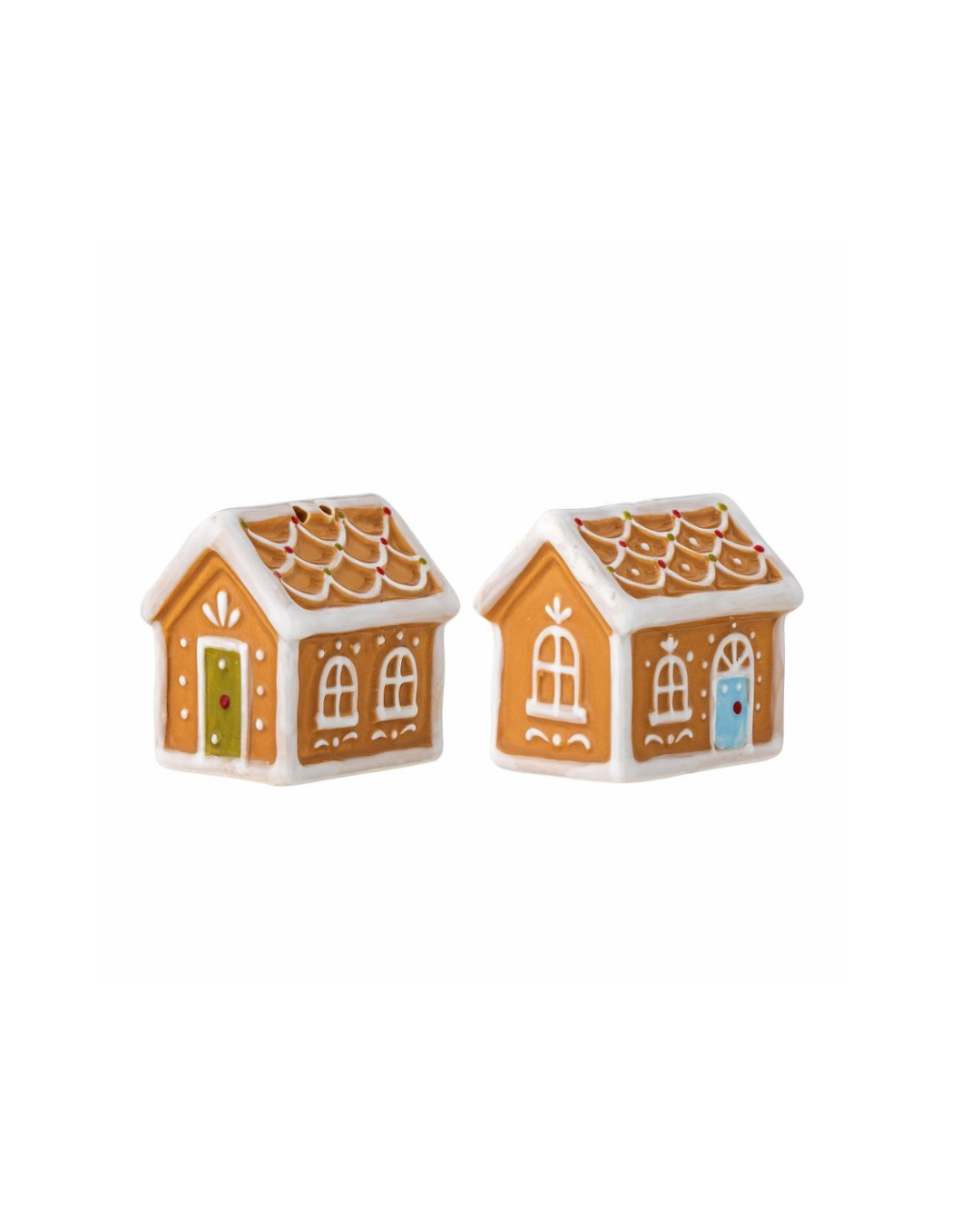 Hand-painted Ginnie Salt &amp; Pepper Set shaped like gingerbread houses, adding festive charm to your Christmas table or holiday kitchen décor.