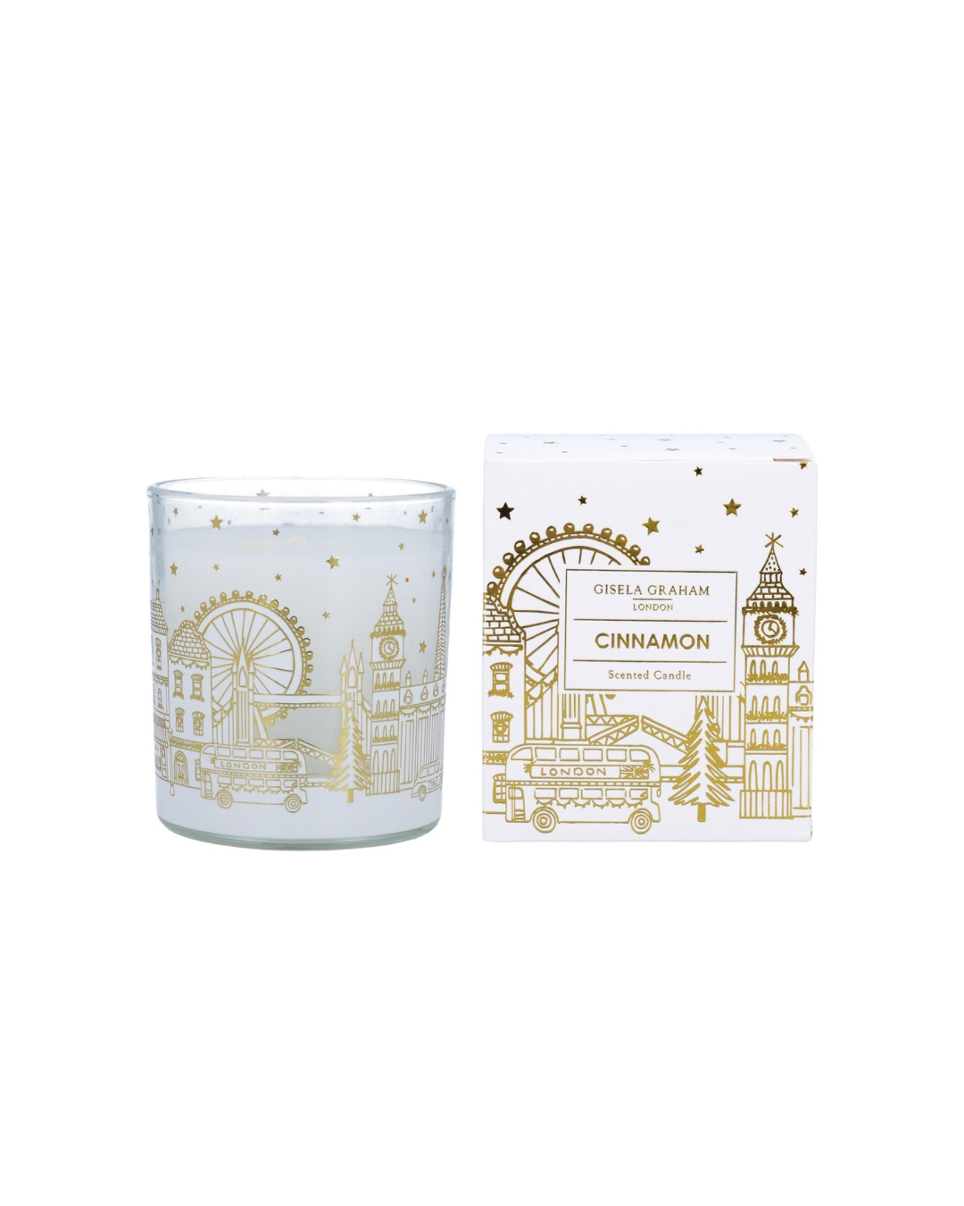 Gold London Scene scented candle featuring London skyline design, cinnamon fragrance, boxed, ideal gift for London lovers and home decor.