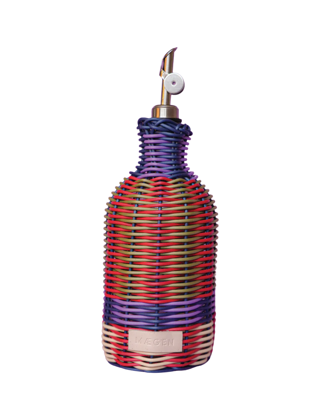 Green &amp; Red MÆGEN Hand-Woven Oil Pourer – glass bottle wrapped in colourful hand-woven polypropylene with stainless steel pourer