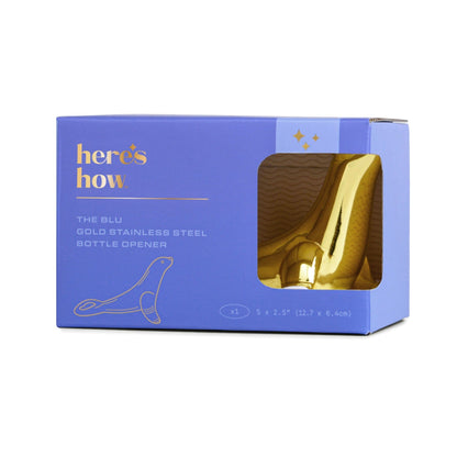 Gold bottle opener in a blue packaging box with &
