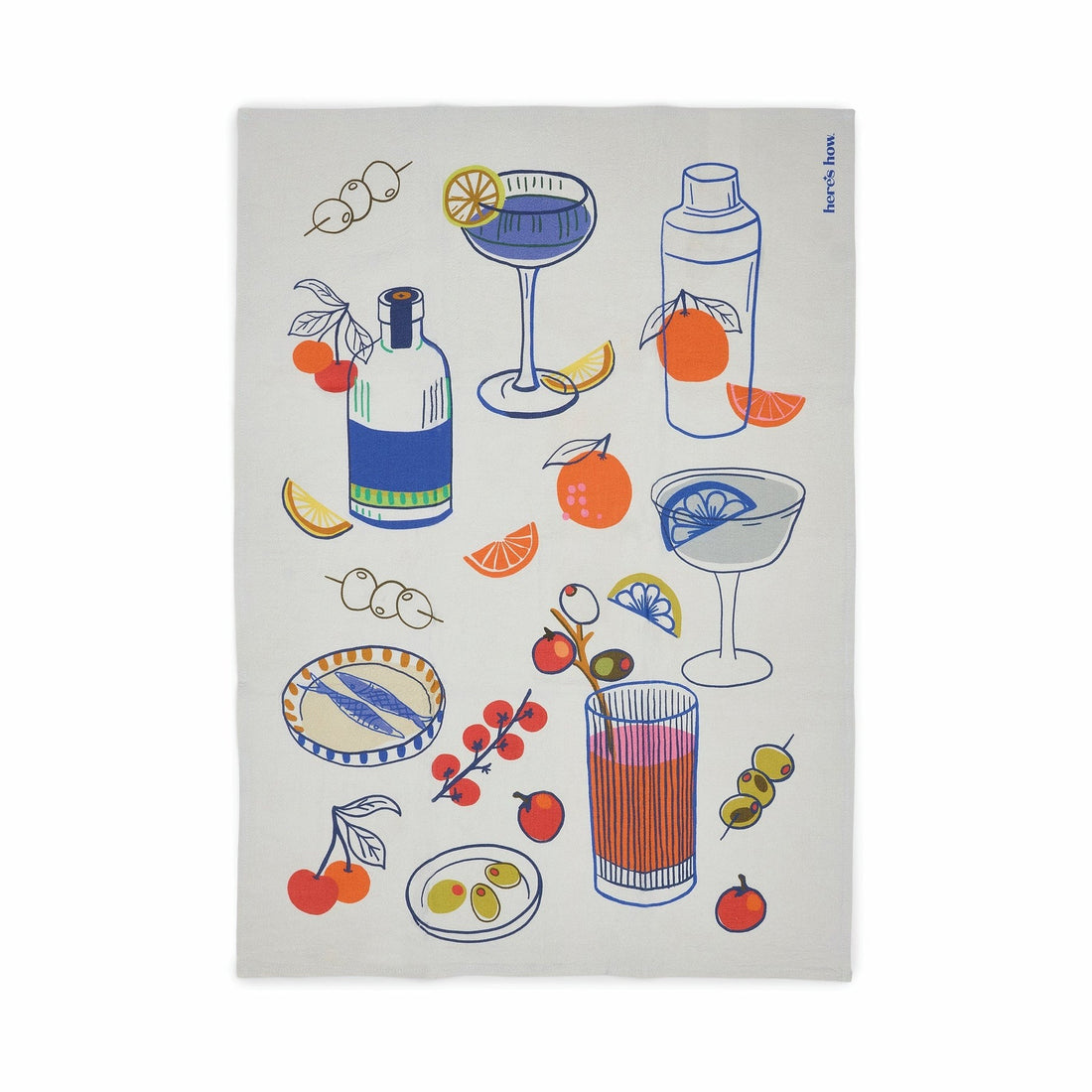 Tea towel with colorful illustrations of drinks and cocktail ingredients on a white background