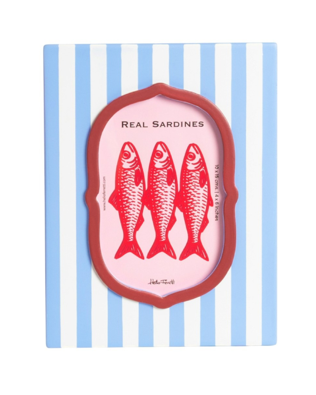 Helio Ferretti Menorca Photo Frame featuring blue and white pinstripes and bold red ornate details