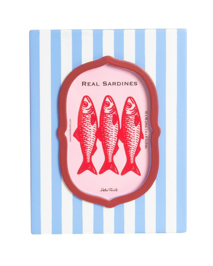 Helio Ferretti Menorca Photo Frame featuring blue and white pinstripes and bold red ornate details
