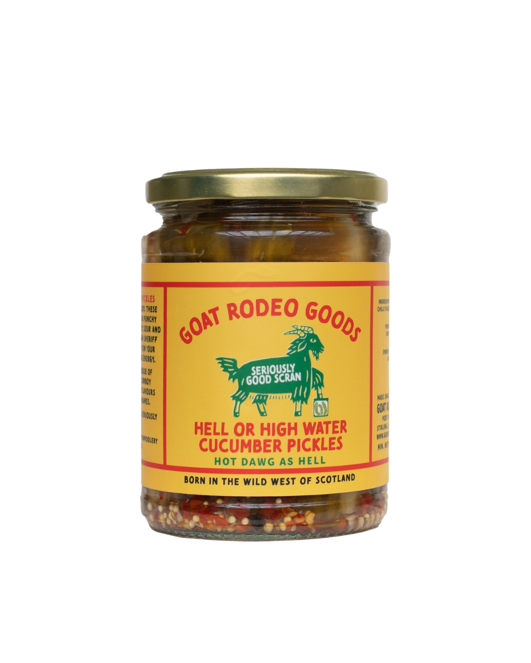 Hell Or High Water Pickles 500ml jar with fiery, sour, vegan-friendly cucumber spears – perfect for hotdogs, Bloody Marys, BBQs, and foodie gifts