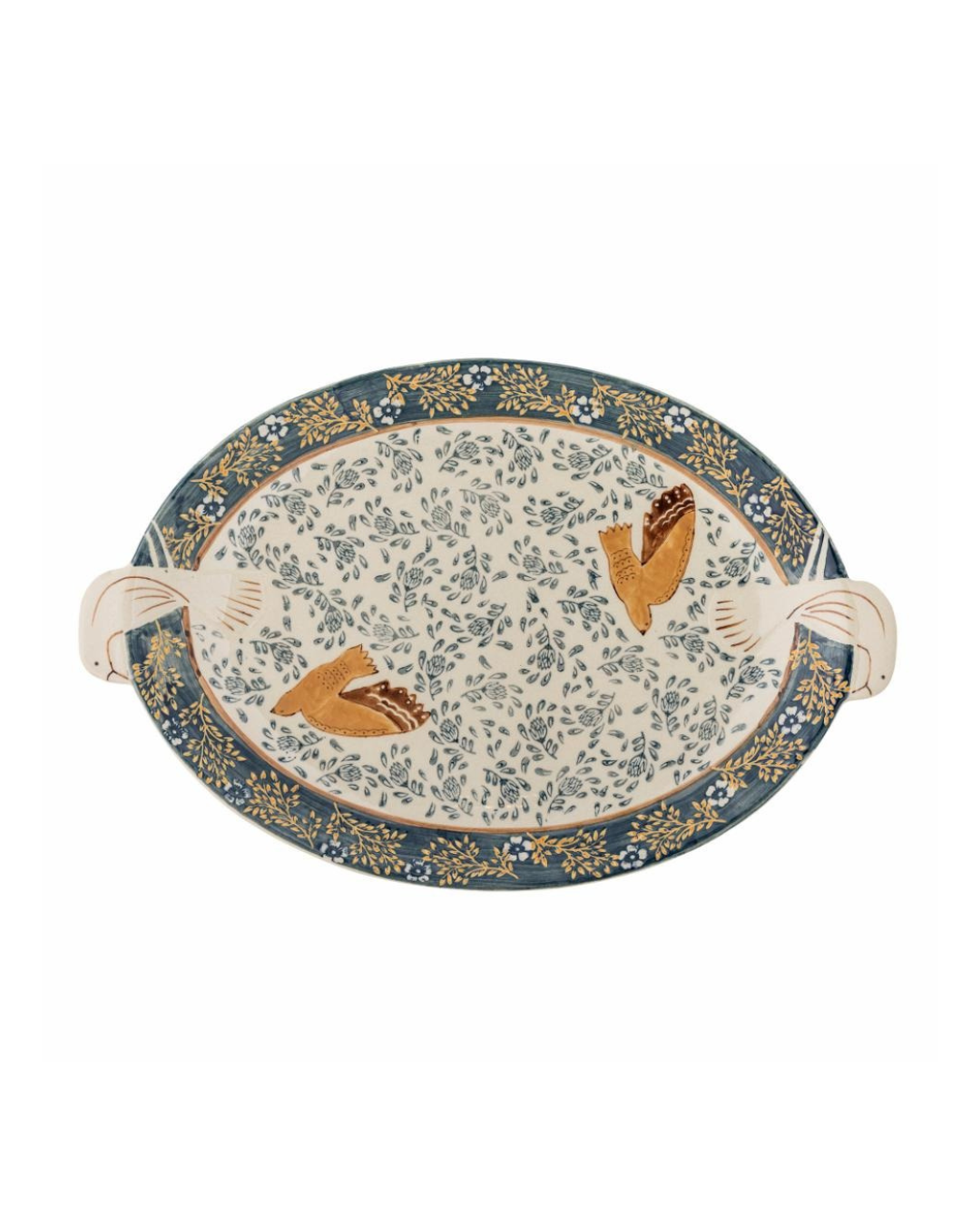 Hezha Serving Tray by Bloomingville, hand-decorated with engraved details and printed bird design in warm colors, L34 x H3.5 x W25 cm.