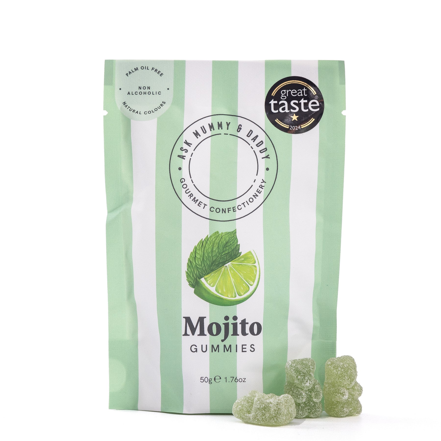 Packaging of Mojito Gummies with green and white striped design on a white background