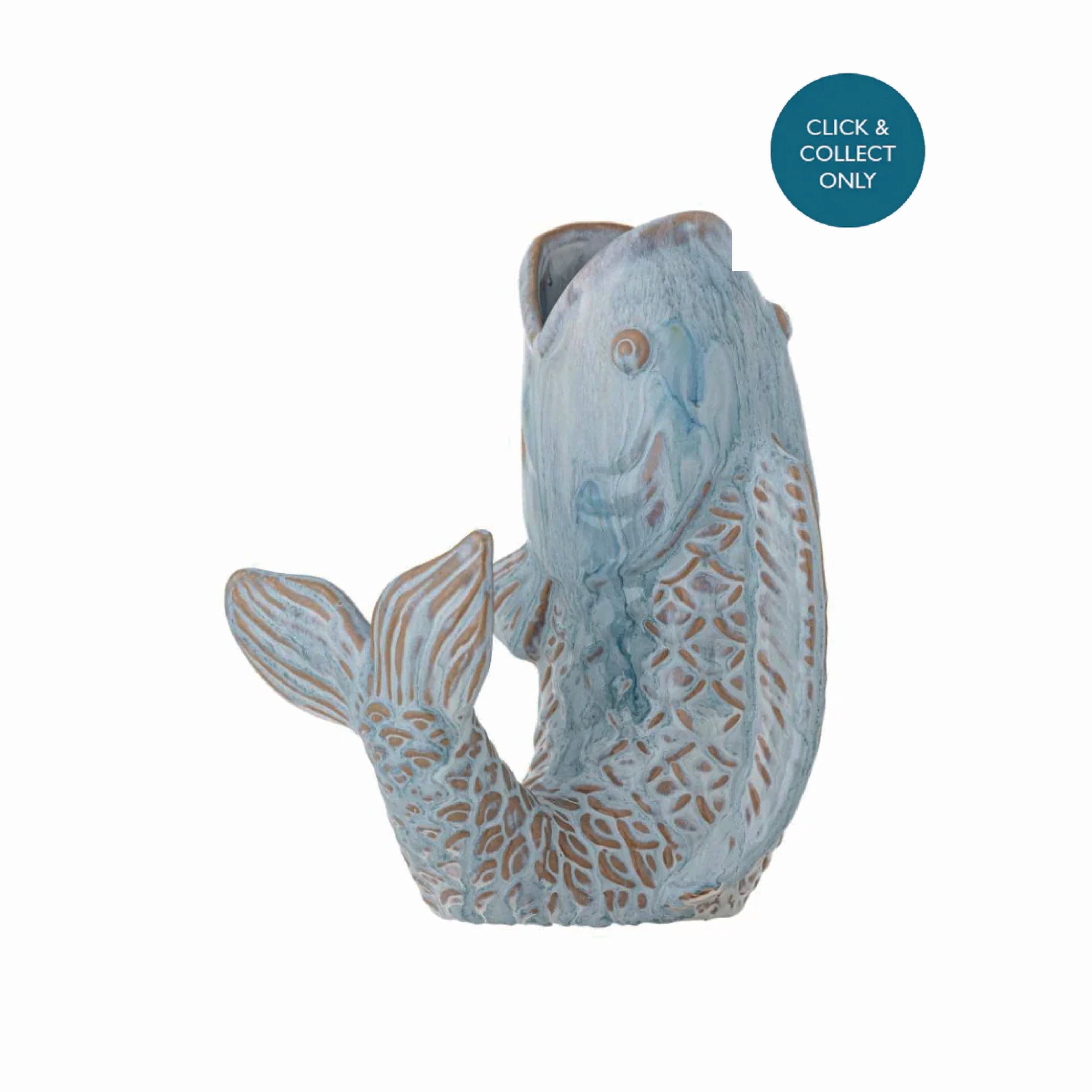 Side view of the Hiro Fish-Shaped Vase in light blue stoneware, decorative vase with coastal-inspired ombre finish, perfect for flowers or as a standalone accent piece.