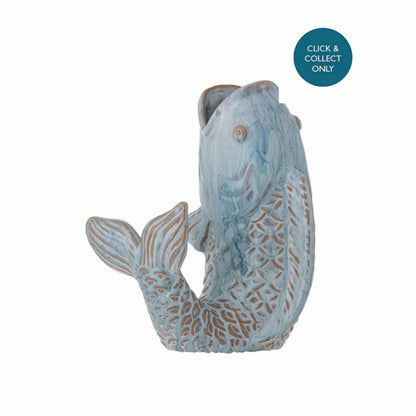 Side view of the Hiro Fish-Shaped Vase in light blue stoneware, decorative vase with coastal-inspired ombre finish, perfect for flowers or as a standalone accent piece.