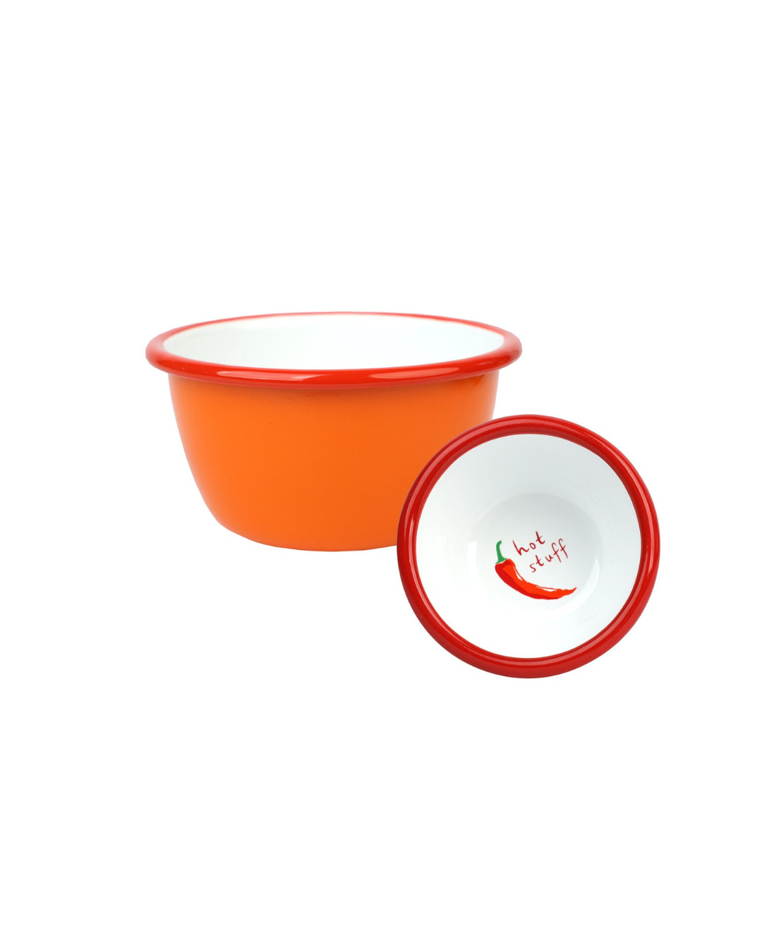 Hot Stuff Chilli Enamel Bowl 10cm with bold orange finish and chilli print. Durable enamel bowl for dips, nuts, and snacks at BBQs, picnics, or garden parties