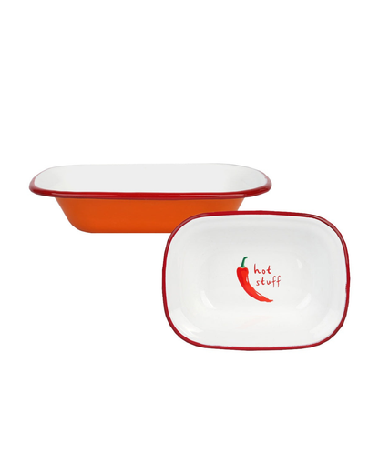 Hot Stuff Enamel Dish 20cm with orange base, chilli red rim, and ‘hot stuff’ wording
