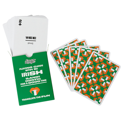 Playing cards with Irish slang and English translation in green packaging on a white background