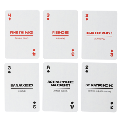 Six playing cards with humorous Irish  text and English translation on a white background