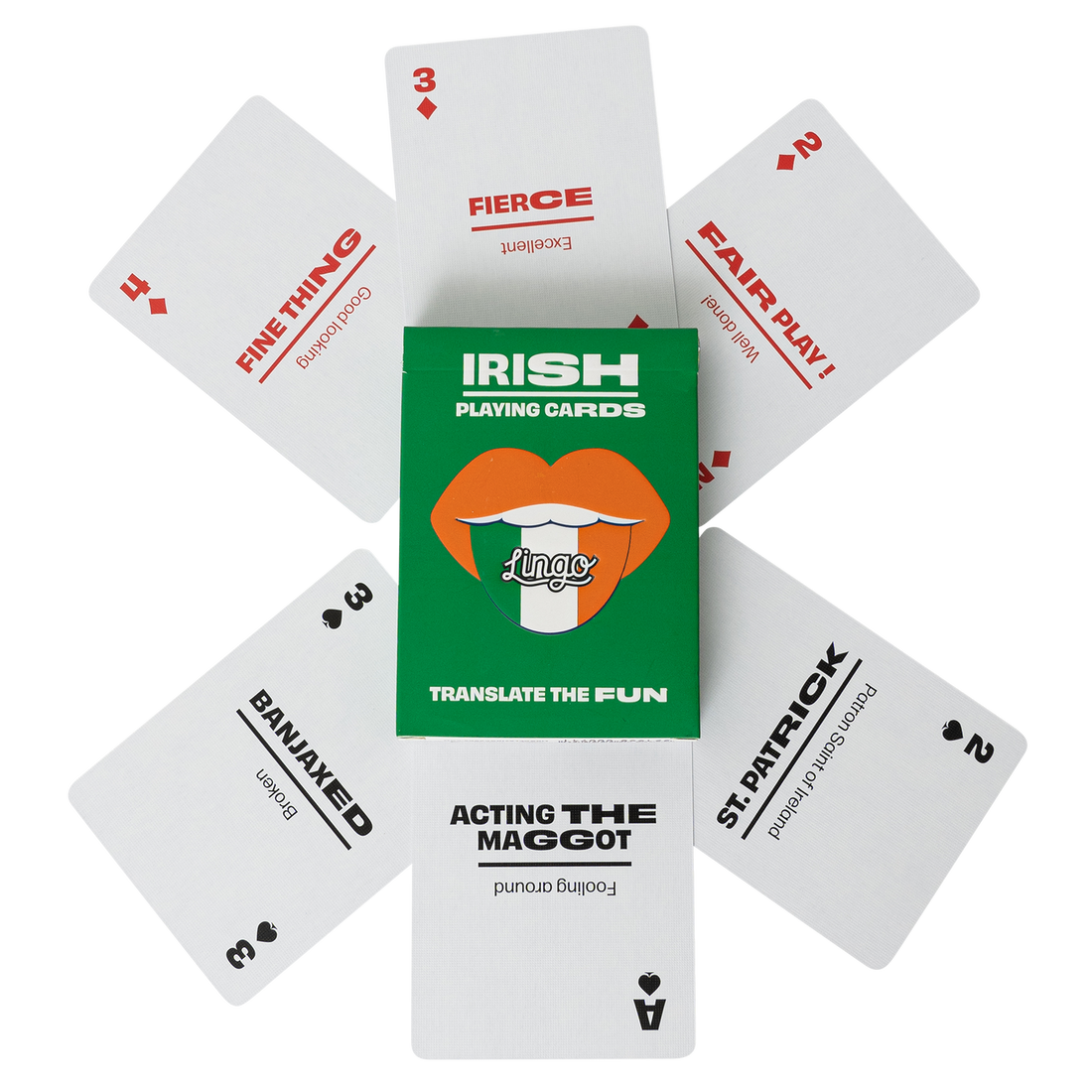 Irish playing cards with Irish and English text on a white background