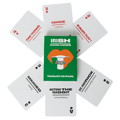 Irish playing cards with Irish and English text on a white background