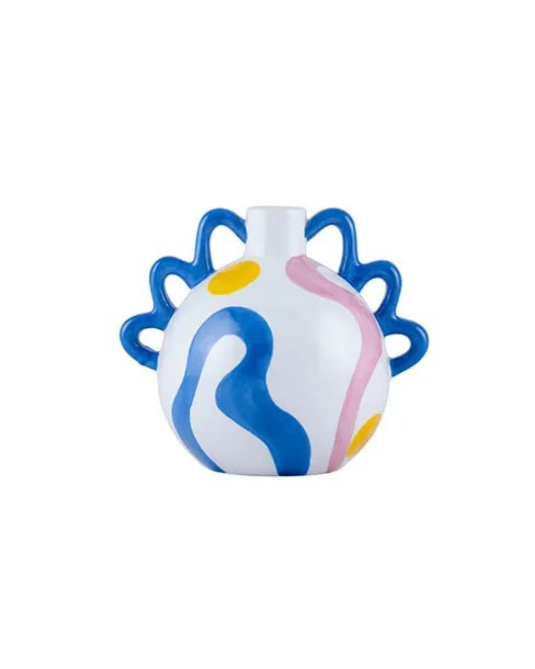 Hand-painted abstract colourful Sunny Swirls pattern on ceramic vase with wavy handles