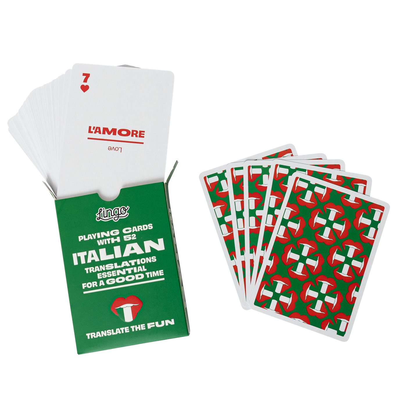 Playing cards with Italian translations and a green box on a white background