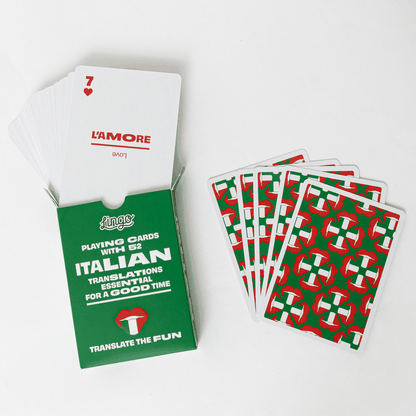 Italian Lingo Playing Cards featuring Italian words and phrases with English translations, perfect for travel and language learning.