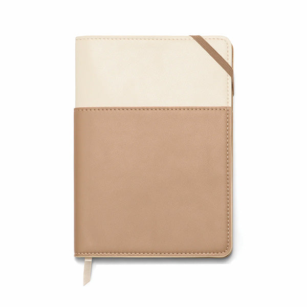 Vegan leather notebookwith colourblock cover in Ivory &amp; Oat Milk, wrap-around pocket, elastic closure, satin ribbon marker, 192 ruled pages, eco-friendly soy ink paper