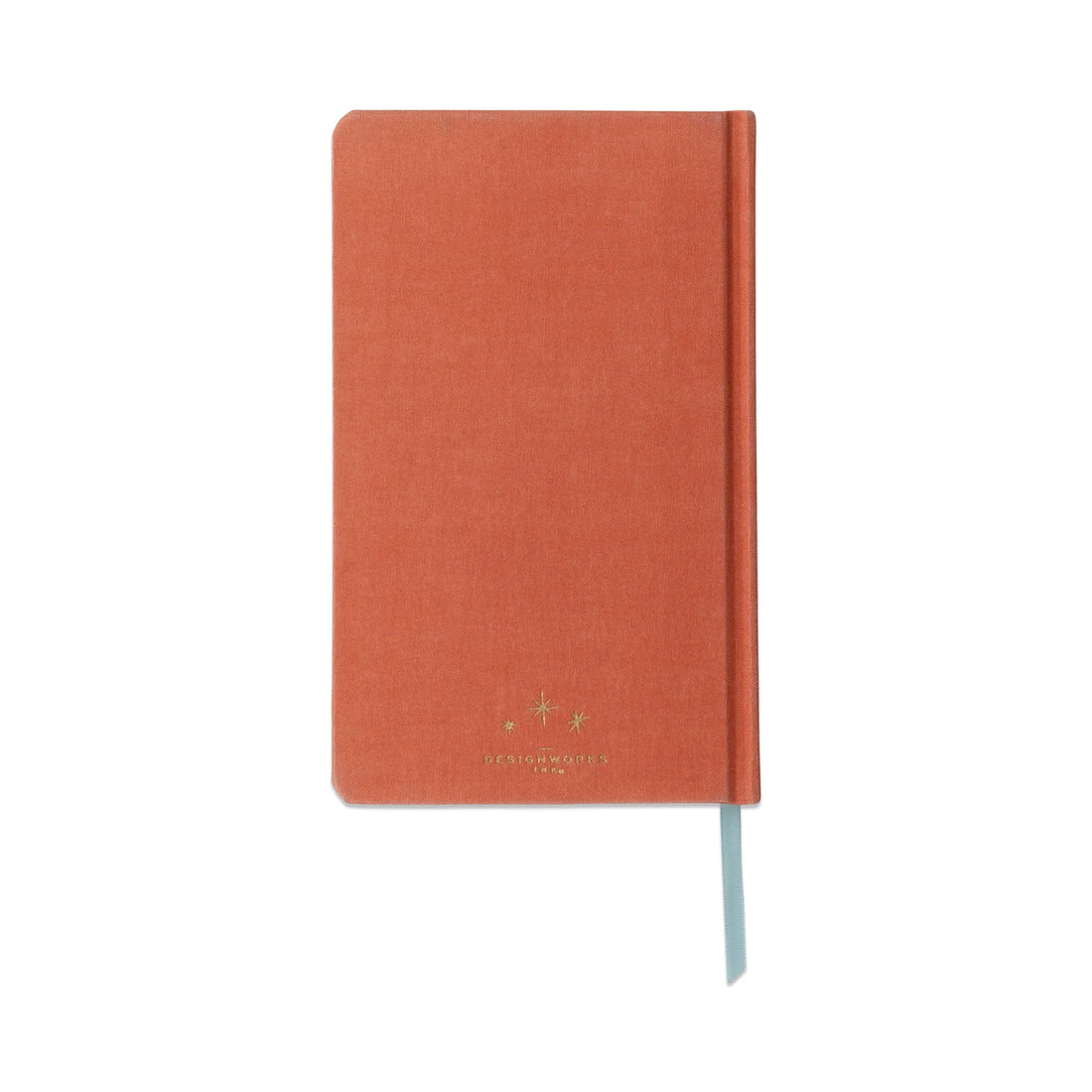 Back view of the Terracotta celestial journal, eco-friendly bookcloth hardcover notebook with lined pages inside and light blue ribbon marker