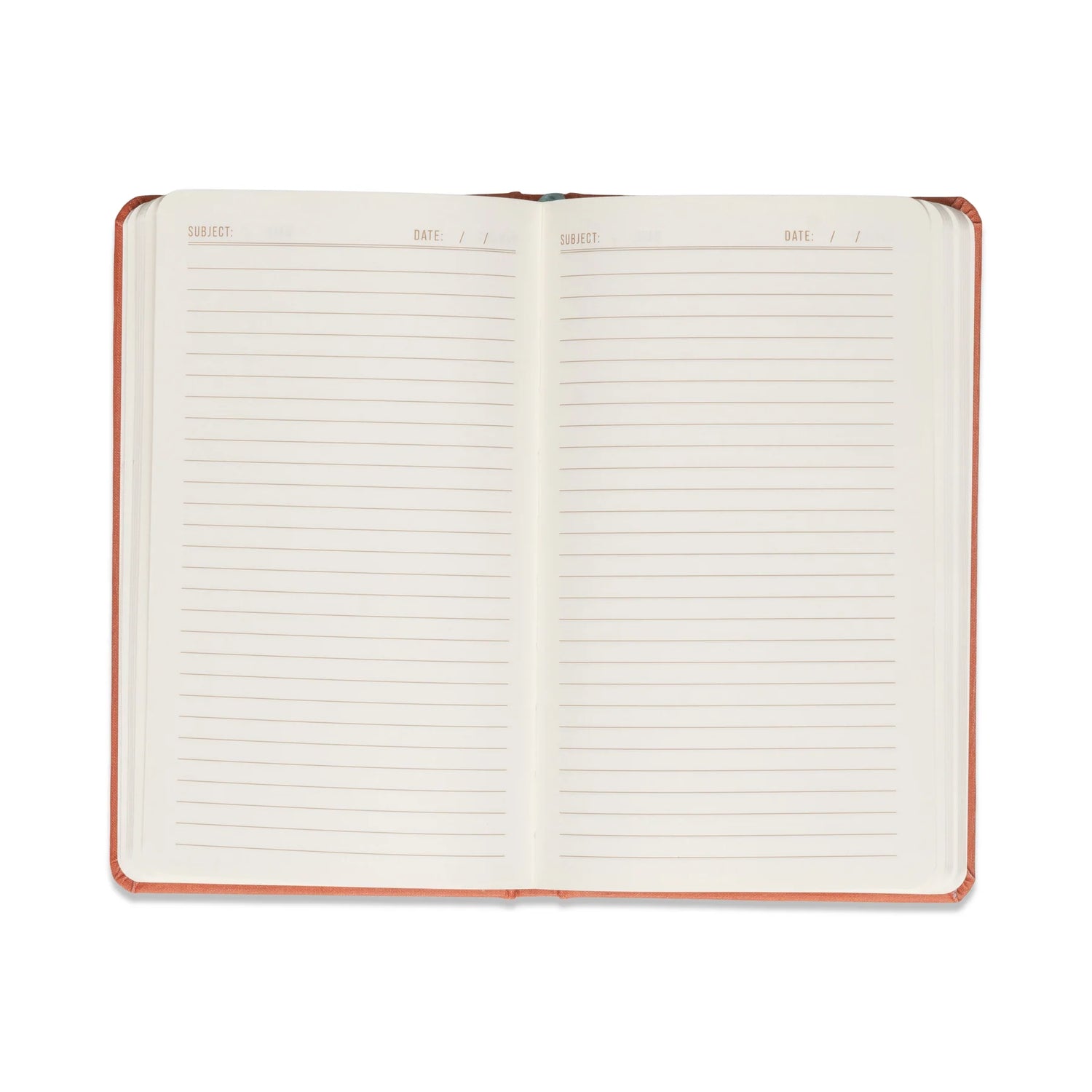 Open terracotta celestial journal showing lined pages on eco-friendly acid-free paper 
