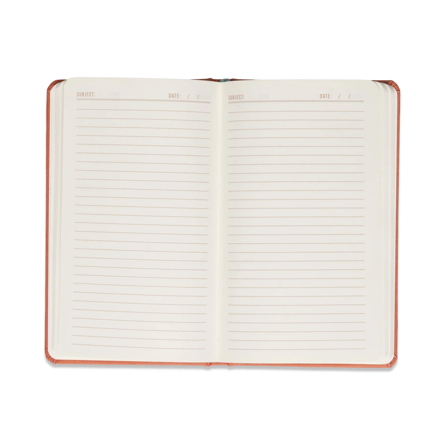 Open terracotta celestial journal showing lined pages on eco-friendly acid-free paper 