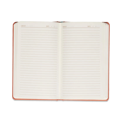 Open terracotta celestial journal showing lined pages on eco-friendly acid-free paper 
