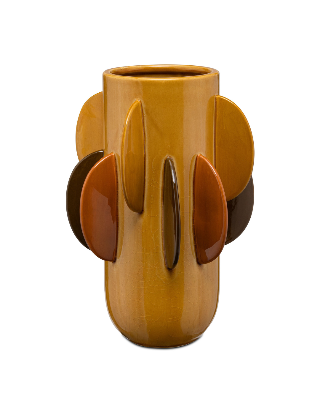 “Cylindrical ceramic vase with colourful half-moon accents serving as handles