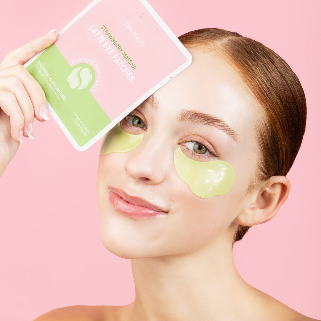 Under-eye patches with green tea, strawberry extract, and niacinamide for hydration and brightening